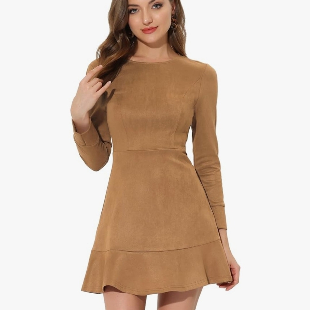 🌿🍒 Allegra K Faux Suede Round Neck Elegant Long Sleeve Ruffle Dress Size M 🍒